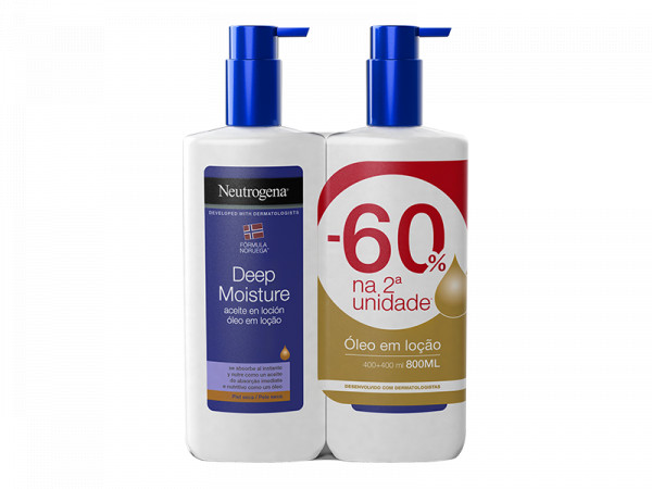 Neutrogena Duo Óleo em loção hidratação profunda para pele seca 2 x 400 ml com Desconto de 60% na 2ª Embalagem